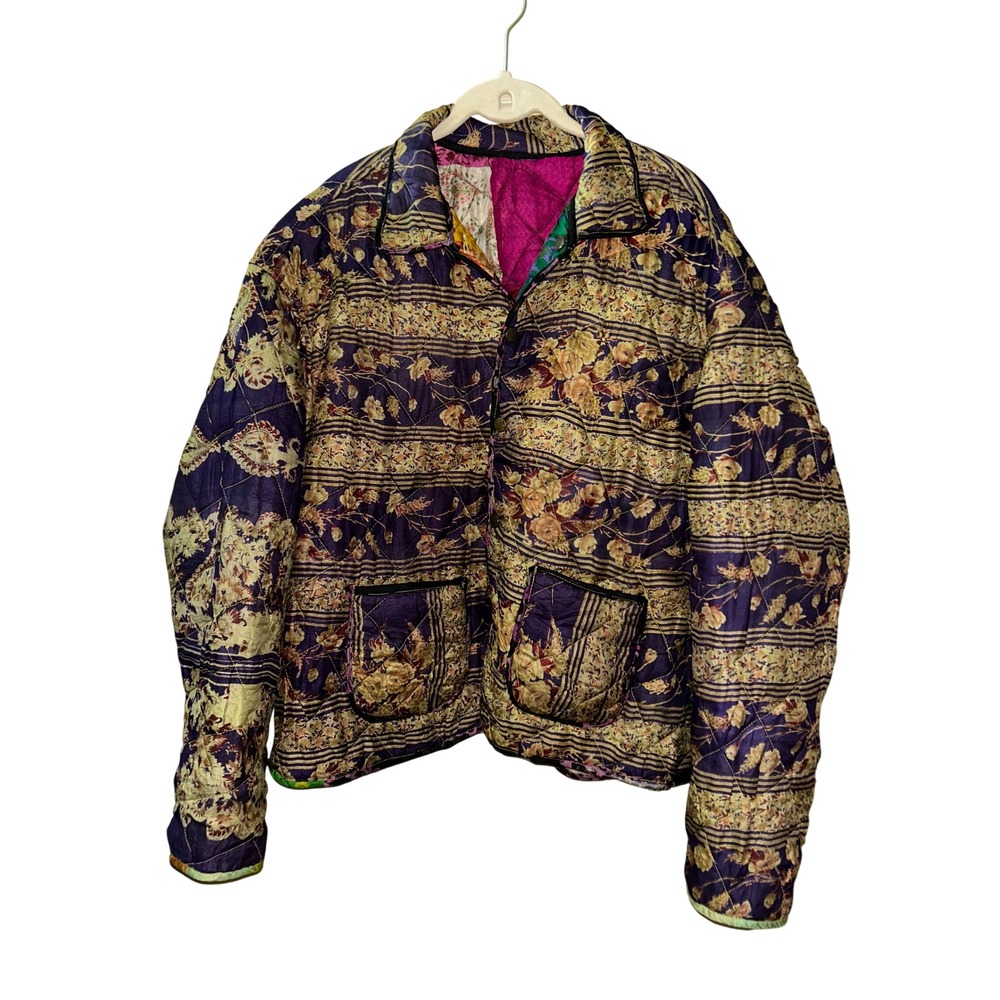 ArtEZen Boho Quilted Patchwork Reversible Jacket Multi 100% Silk Hippie Coat - Picture 7 of 14